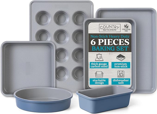 Country Kitchen Nonstick Stackable Bakeware Set - Durable, Easy Release Baking Set, Navy, 6 Pcs
