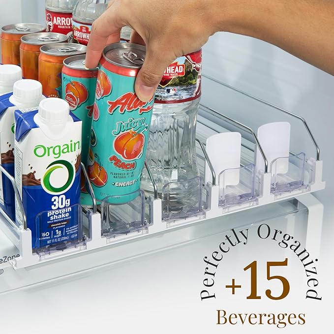 5-Piece Drink Organizer for Fridge – Spring-Loaded Rolling Can & Bottle Holder – Kitchen Storage for Soda, Water, Baby Bottles – Sliding Beverage Dispenser (Black) (White)