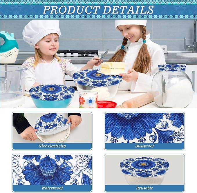 5 Pcs Bowl Covers Reusable in 5 Size Elastic Food Cover Cloth Lids Fresh Keeping Dish Cookware Bakeware Fabric Covers Lids for Food Leftovers Fruits Storage Blue and White Sunflowers