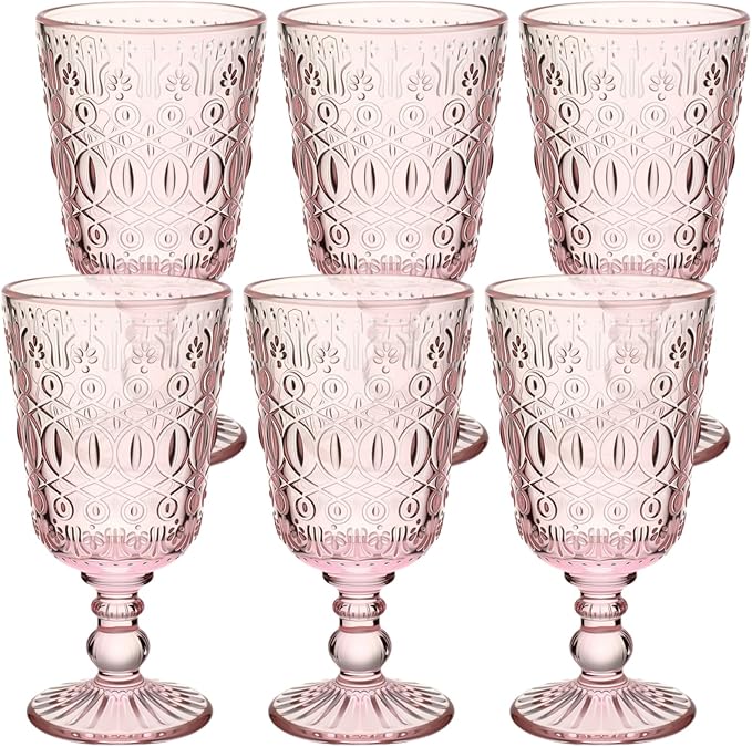 Eaasty Wine Glasses Set of 6 Vintage Goblet 9 oz Vintage Colored Glass Goblet Beverage Stemmed Glass Cups Romantic Embossed Glassware for Wedding Party Holidays Anniversary (Pink)