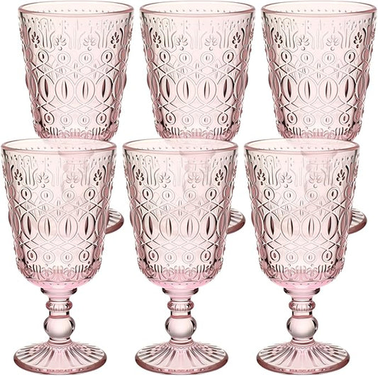 Eaasty Wine Glasses Set of 6 Vintage Goblet 9 oz Vintage Colored Glass Goblet Beverage Stemmed Glass Cups Romantic Embossed Glassware for Wedding Party Holidays Anniversary (Pink)