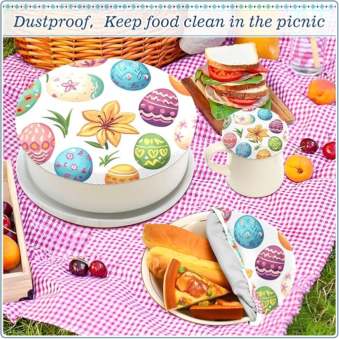 5 Pcs Bowl Covers Reusable in 5 Size Elastic Food Cover Cloth Lids Fresh Keeping Dish Cookware Bakeware Fabric Covers Lids for Food Leftovers Fruits Storage White Easter Eggs and Lilies