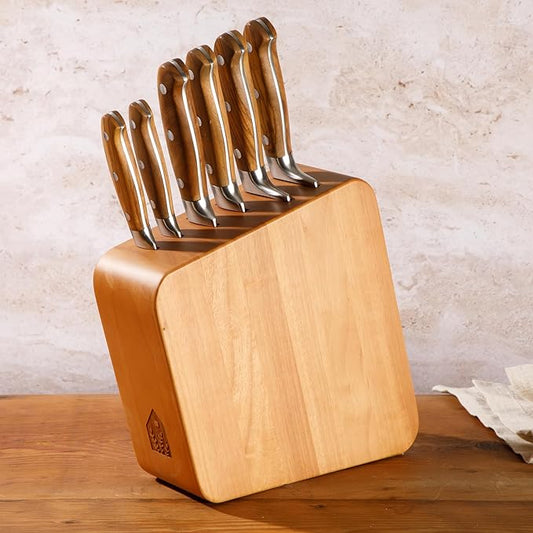 Bloomhouse 7 Piece Italian Olive Wood Kitchen Knife Block Set w/German Forged Stainless Steel Knives