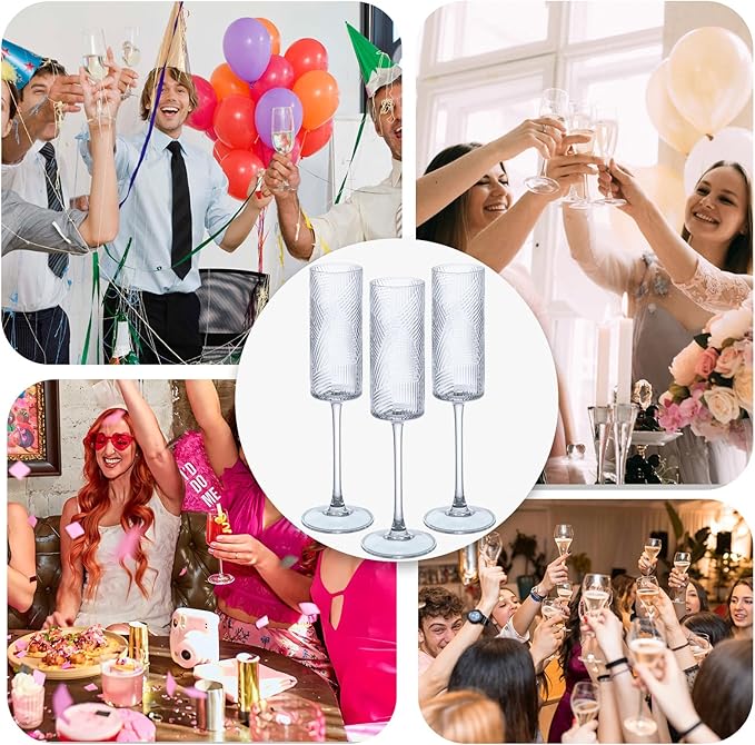 6 Pieces Clear Champagne Flutes,6 OZ Twill Pattern Striped Vintage Stem Glasses Stemware Wine Glasses Champagne Long Stem Drinking Colored Glasses Goblets for Wedding Cocktail Cups,Cava, Prosecco