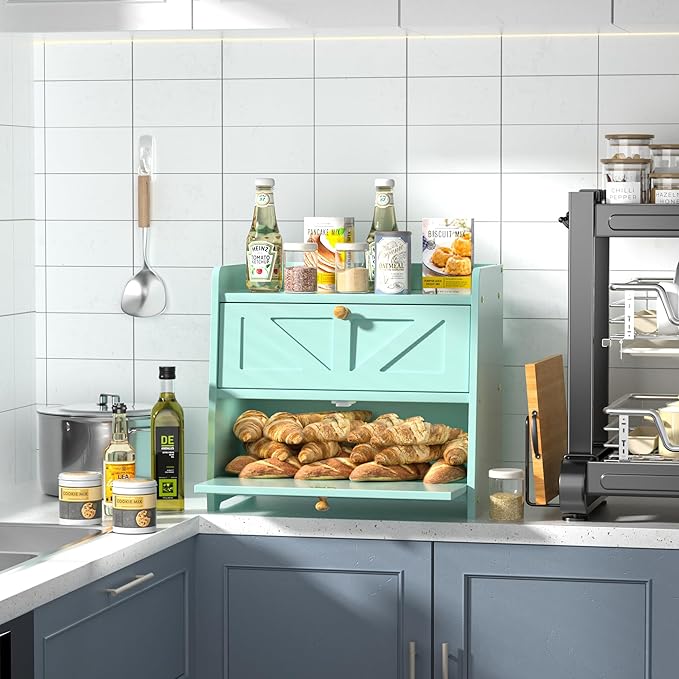 Bread Box for Kitchen Countertop, Double Layer Wooden Breadbox, Large Capacity Bread Storage Bin, Homemade Bread Storage Container, Farmhouse Breadbox Organizer, Green