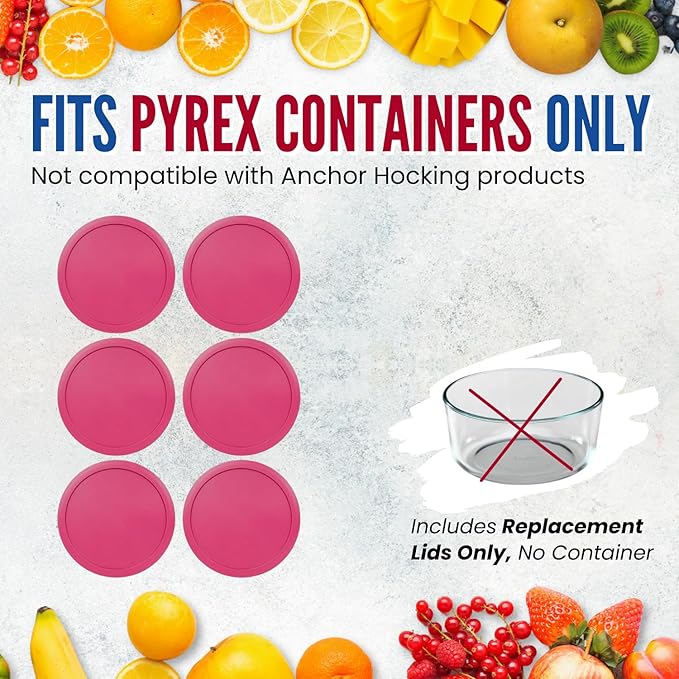 Replacement Lids for Pyrex 4-Cup Glass Food Storage Container Bowls, 6-Inch Plastic Round Lids Covers fits Pyrex 7201-PC, Airtight & Leakproof (6-Pack, Fuchsia)