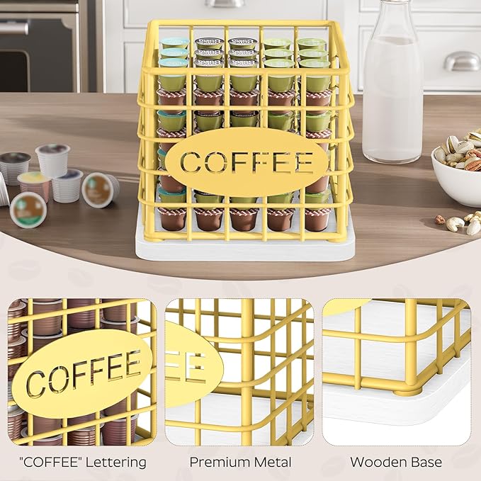 Coffee Pod Holder Organizer, Large Capacity Coffee Pod Basket for K Cup, Coffee Capsule Storage Basket with Wooden Base, for Kitchen Countertop, Gold and White KH10DW
