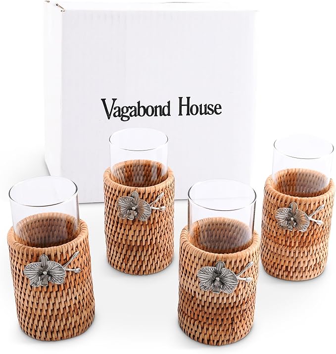 Vagabond House Stylish Set Of 4 Rattan Wicker Tall Drinking Glasses With Pewter Black Orchid, Ideal For Botanic Garden And Native Species Enthusiasts, Acts As Coaster at Poolside Florida - Removable