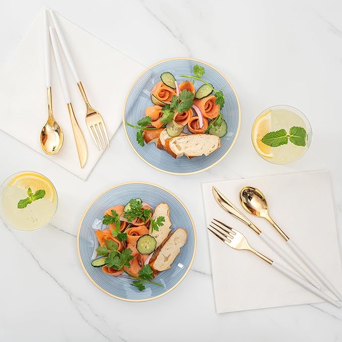 Restaurantware Plastic Plates 100 Pcs 7.25" Gold Rimmed Disposable Plates Heavy-Duty Blue Translucent Rippled Plastic Dinner Servers for Party, Weddings, Salads, Desserts, and Appetizers