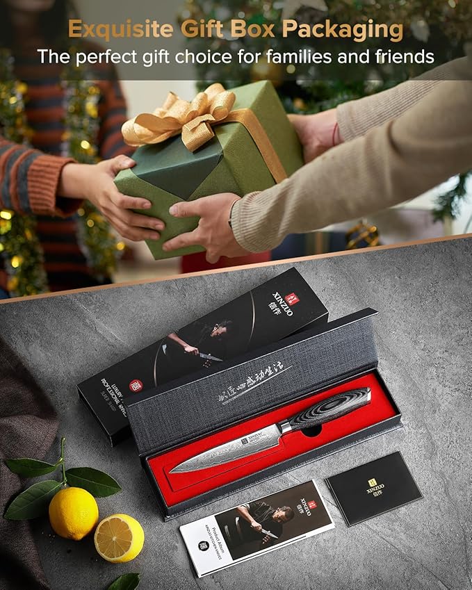 XINZUO Paring kitchen Knife, 5 Inch Super Sharp Damascus Steel Petty Knife, Fruit Knife, Pakkawood Handle, Gift Box
