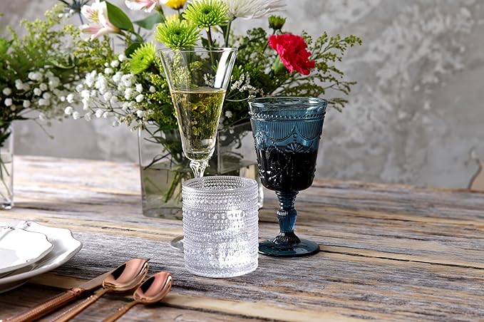 FORTESSA Debutante Vintage Themed Glassware, 10 Ounce Water Goblets (Set of 6), Dishwasher-Safe Water Glasses, Cornflower Blue