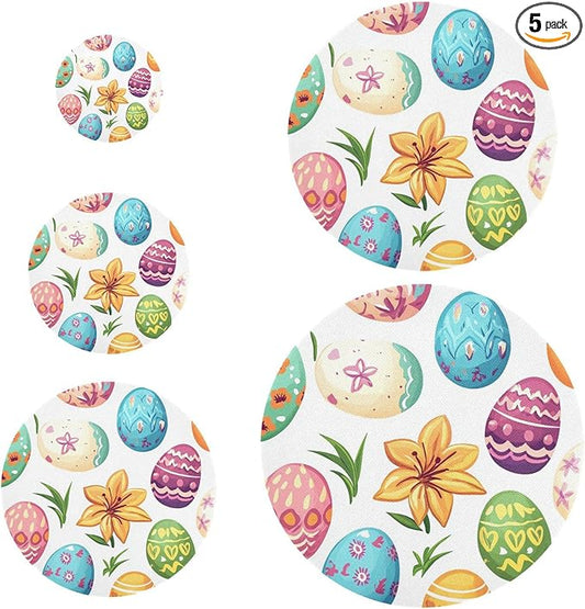 5 Pcs Bowl Covers Reusable in 5 Size Elastic Food Cover Cloth Lids Fresh Keeping Dish Cookware Bakeware Fabric Covers Lids for Food Leftovers Fruits Storage White Easter Eggs and Lilies