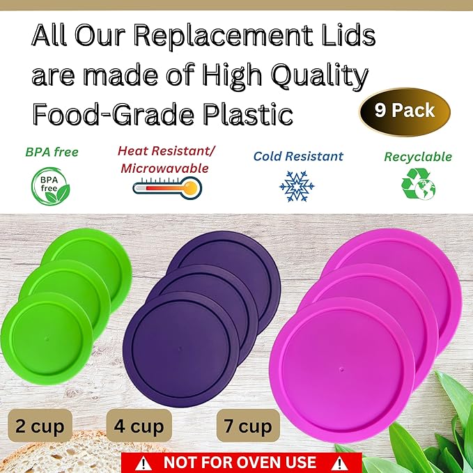 2, 4 & 7 Cup Spring Green, Purple, Pink Replacement Lids/Covers for Pyrex, Anchor Hocking & KlareWare Storage Bowls *Lids Only Glass Container Not Included* (9 Pack *Three of Each Size*)