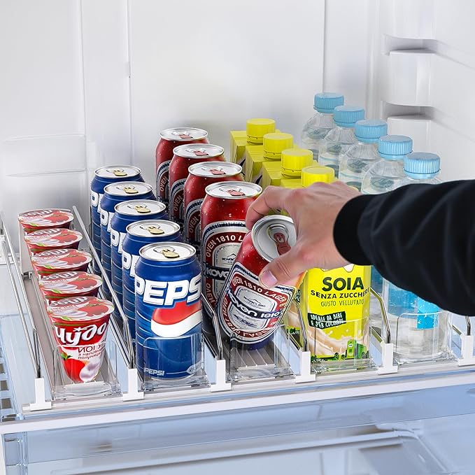 Soda Can Dispenser for Refrigerator,Self-Pushing Drink Organizer for Fridge, Width Adjustable Fridge Organization, Beer Pop Can Water Bottle Drink Dispenser for Fridge (15.1" D) White (5 Row, White)