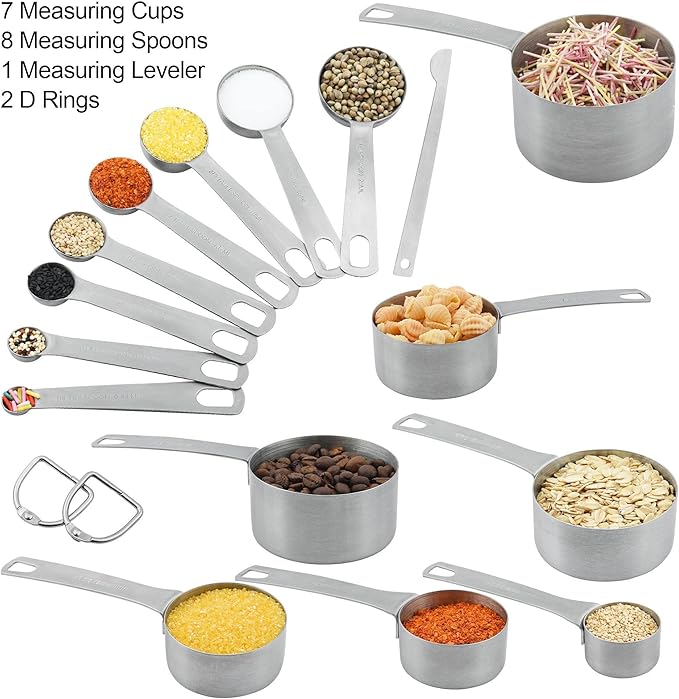 Measuring Cups and Spoons Set, 18/8 Stainless Steel 7 Measuring Cups and 8 Measuring Spoons with Leveler, Kitchen Measure Cups Spoons, Heavy Duty Baking Measurement Cups Spoons Set