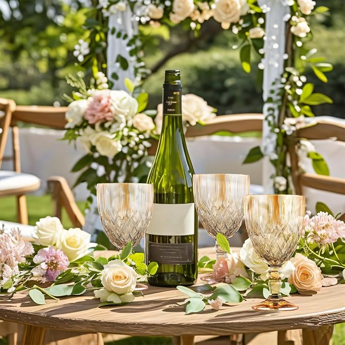 24 Pcs Vintage Wine Glasses, 11 Ounces Colored Glass Water Goblets, Colorful Unique Embossed Pattern High Clear Stemmed Glassware Wedding Party Bar Glass Drinking Cups Amber Fancy Glasses Set of 24