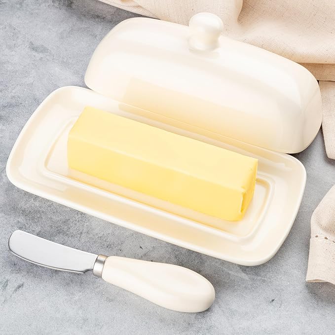 Zulay Butter Dish With Lid For Countertop - Porcelain White, Ceramic Butter Dish with Knob Handle Great for Cooking - Elegant Design Butter Holder - Durable & Sturdy Butter Keeper - Ivory