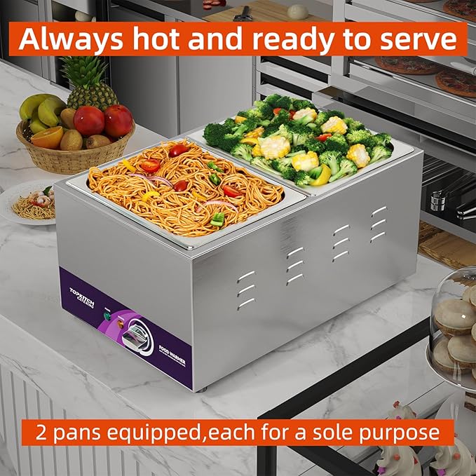 2-Pan Commercial Food Warmer with Non-Leakage Stretch-Forming Water Tank &2 of 1/2 Size GN Pan,18L Countertop Steam Table Soup Station Bain Marie for Buffet,Catering,Parties and Restaurants