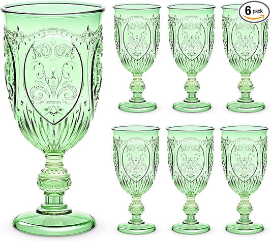 6 Pcs Plastic Goblets 7.5oz Vintage Goblet Plastic Wine Glasses Colored Retro Embossed Water Goblets for Wine Bar Juice Baby Shower Wedding Reception Grand Event Party (Green)
