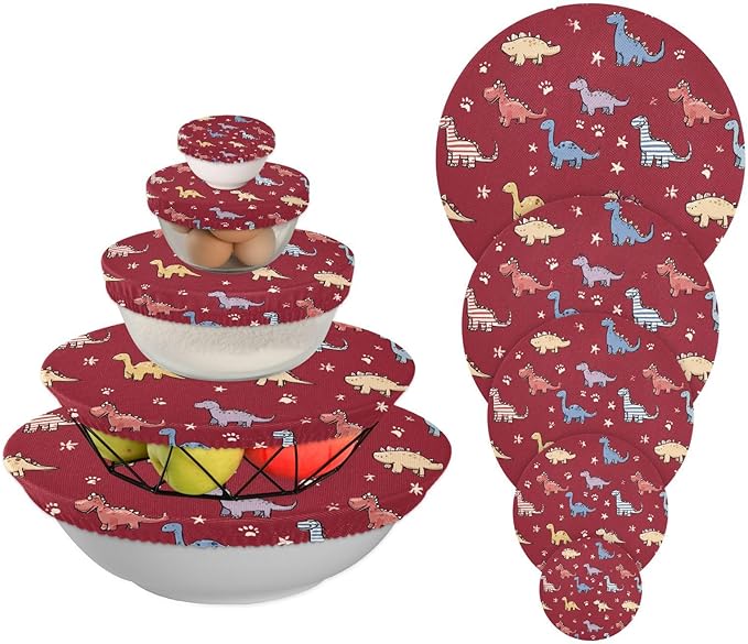 5 Pcs Bowl Covers Reusable in 5 Size Elastic Food Cover Cloth Lids Fresh Keeping Dish Cookware Bakeware Fabric Covers Lids for Food Leftovers Fruits Storage Red Dinosaur Stars and Paw Print