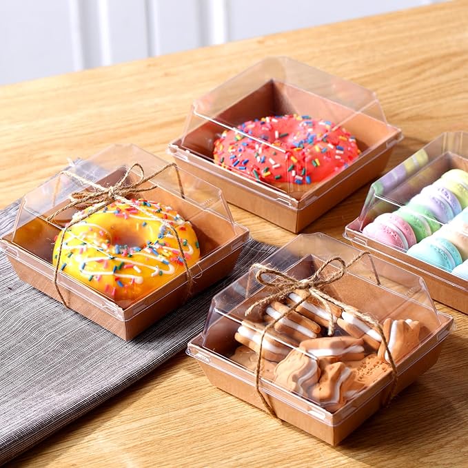 Ctosree 100 Pcs Paper Charcuterie Boxes with Clear Lids 4.5 Inches Disposable Cake Square Dessert Container Bakery Boxes Bundle with Rope for Food Cake Slice Cookie Sandwich Dessert(Brown)