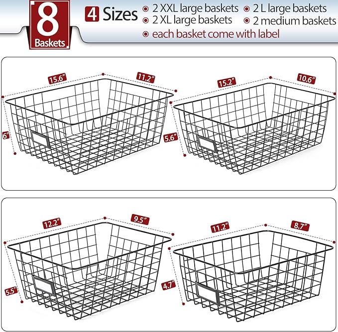 8 Set, Extra Large Wire Baskets for Organizing with Lables, Cabinet Pantry Organization and Storage Bins - Metal Basket for Kitchen, Laundry, Garage, Fridge, Bathroom Countertop Organizer, Black