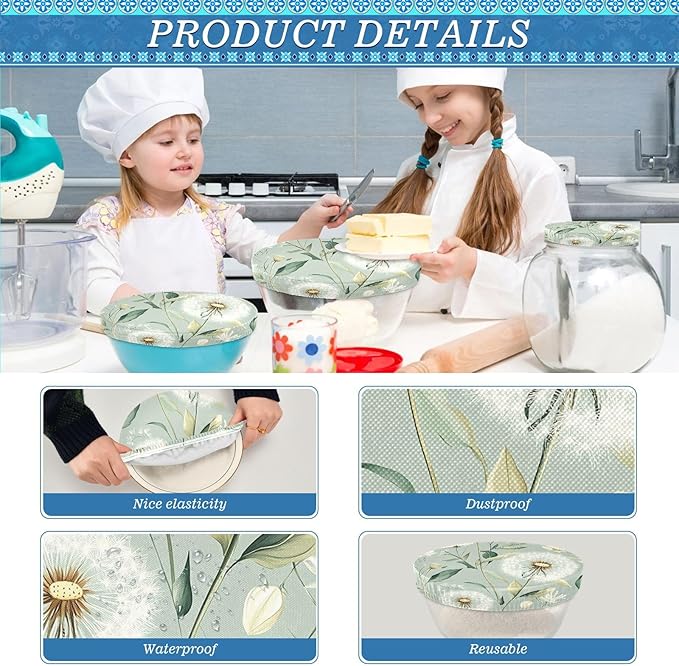 5 Pcs Bowl Covers Reusable in 5 Size Elastic Food Cover Cloth Lids Fresh Keeping Dish Cookware Bakeware Fabric Covers Lids for Food Leftovers Fruits Storage Sage Green Dandelion