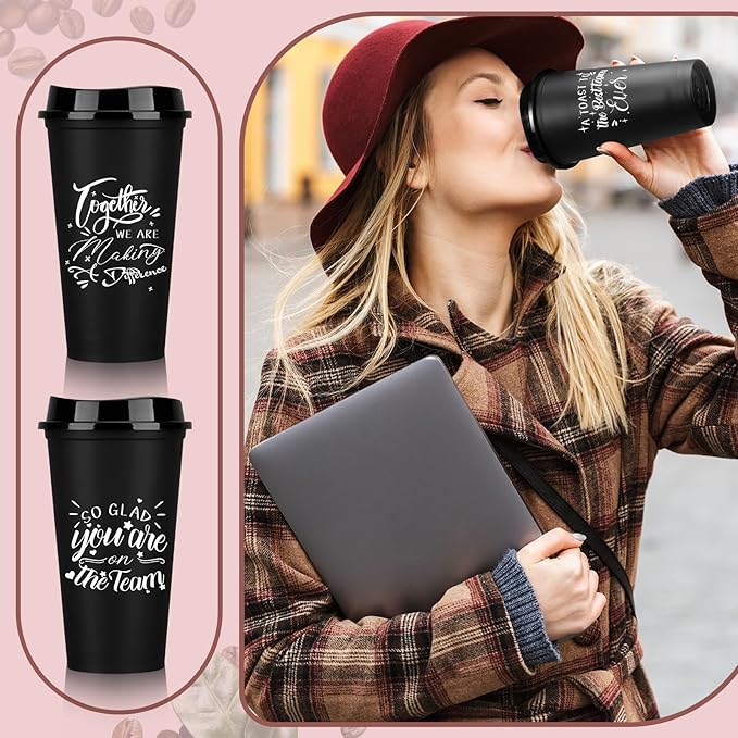 Pickmesh 15 Pcs Employee Appreciation Gifts Christmas Thank You Gift for Team Building 16 oz Teacher Plastic Coffee Cup with Lid Inspirational Travel Tumbler for Coworker Staff Pastor (Black)