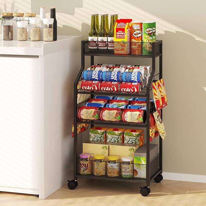 Can Organizer for Pantry - Rolling Snack Cart, Multi-Layer Soda Can Organizer for Pantry, Mobile Beverage Storage Rack with Wheels, Versatile Metal Shelf for Kitchen and Office, Black