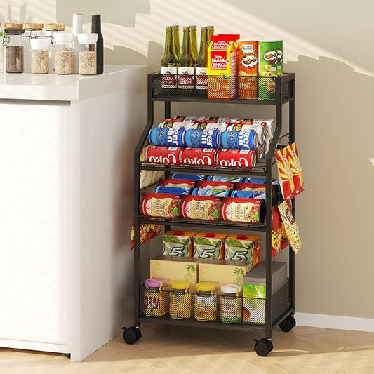 Can Organizer for Pantry - Rolling Snack Cart, Multi-Layer Soda Can Organizer for Pantry, Mobile Beverage Storage Rack with Wheels, Versatile Metal Shelf for Kitchen and Office, Black
