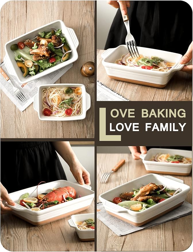 Ceramic Baking Dish, Casserole Dishes for Oven, Extra Deep Lasagna Pans with Handles, Rectangular Bakeware Set of 3 from Oven to Table, Easy to Clean, 14.7 x 8.7 x 3 Inches, White