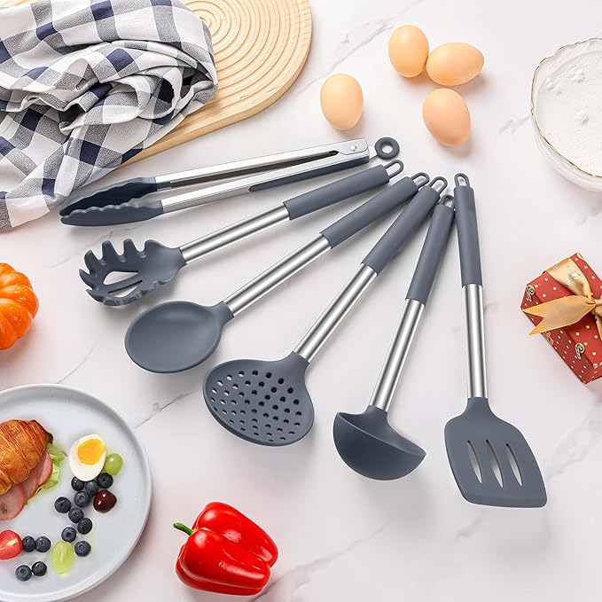 LIANYU Silicone Cooking Utensil Set, 6Pcs Heat Resistant Kitchen Utensils Set, Non-stick Stainless Steel Handle Spatula Tools, Dishwasher Safe, Grey