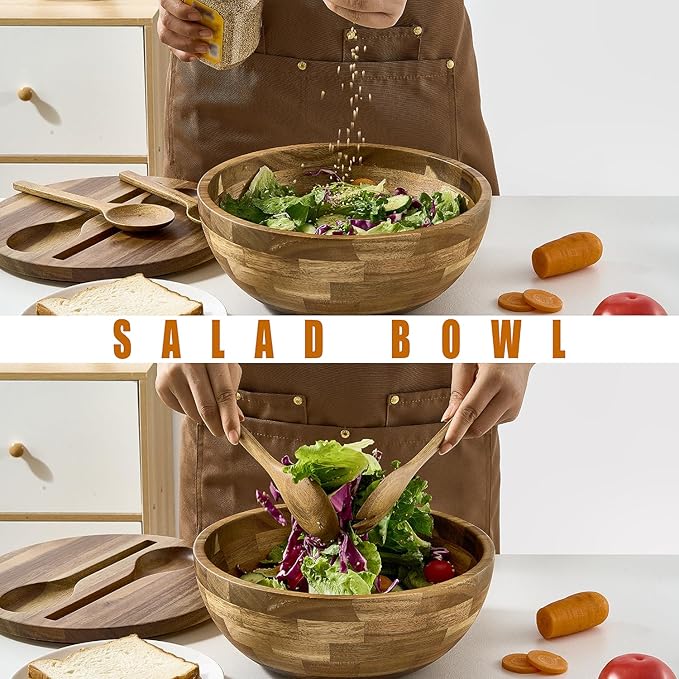 Wooden Salad Bowl, Salad Bowls, Large Salad Bowl with Serving Utensils, Big Mixing Bowl for Fruits, Salad, Cereal, Corn flake, Pasta 11.8" Diameter x 5.34" Height
