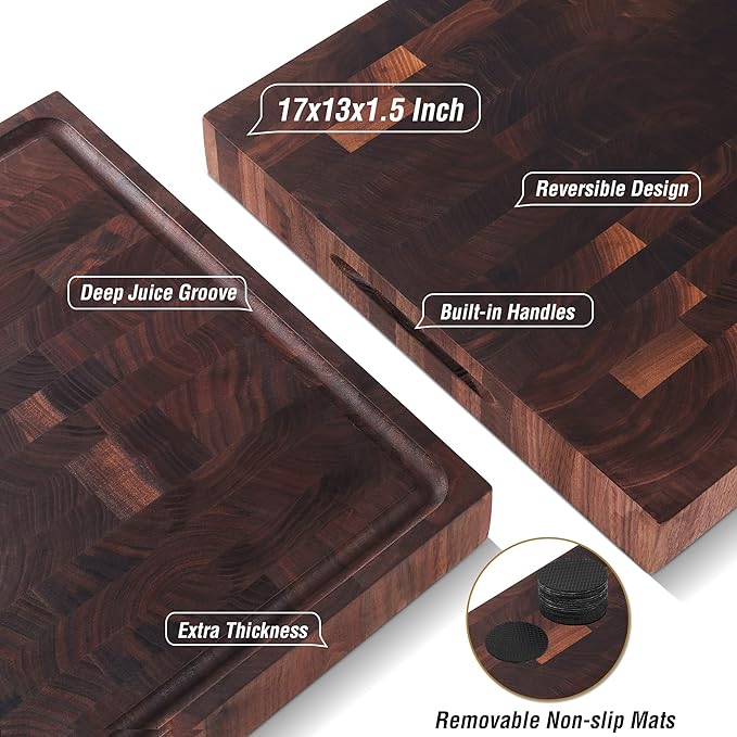 AZRHOM Large End Grain Walnut Wood Cutting Board 17x13x1.5 in Thick Butcher Block for Kitchen with Non-slip Mats Juice Groove & Handles (Gift Box)