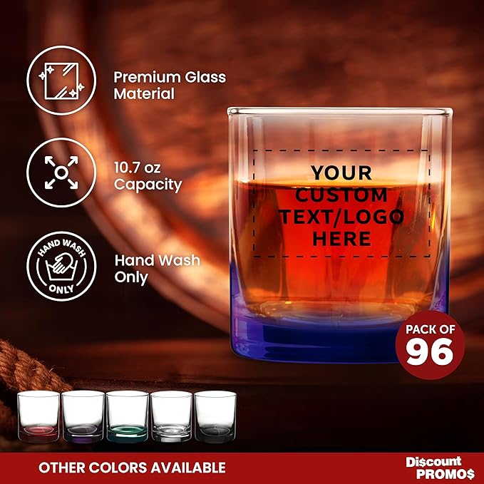Custom Lexington Rocks Whiskey Glass 10.5 oz, Set of 96, Personalized Bulk Pack - Perfect for Scotch, Bourbon, Whiskey, Cocktail - Blue