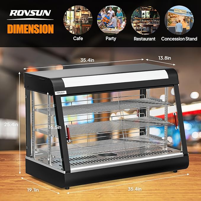 ROVSUN 35" Pizza Warmer Food Warmer Display, 3-Tier Electric Food Warmer Commercial Countertop w/LED Lighting Adjustable Removable Shelves Glass Door, Pretzel Warmer for Buffet Restaurant 1500W