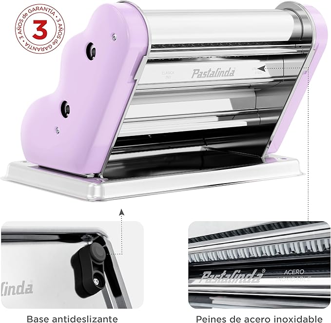 PASTALINDA Classic 260 Pasta Maker Machine, 26 cm Wide Rollers, 9 Thickness Positions, 2 Cutting Positions, Stainless Steel. Includes Reinforced Hand Crank And Two Clamps (Lilac)