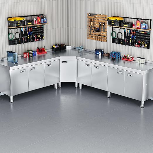 WWK 59" Stainless Steel Table with Cabinet, Commercial Kitchen Table for Prep & Work, Heavy Duty Kitchen Cabinet with 3 Doors for Restaurant, Hotel, Garage, Cafe and Outdoor