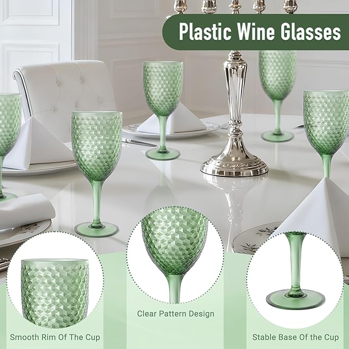 24PCS Green Plastic Wine Glasses 13oz,Acrylic Goblets Toasting Glassware,Unbreakable Cups Drinking Glasses for Bar Party,Wedding