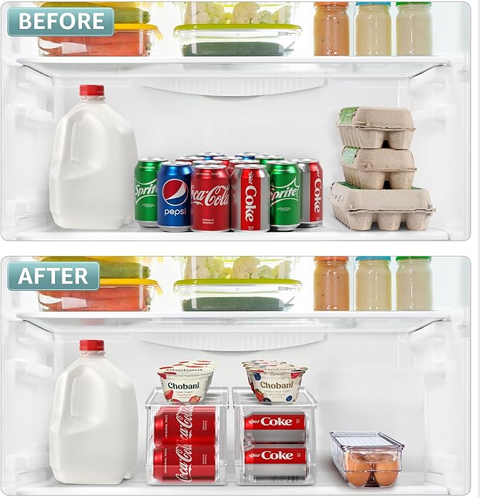 Sorbus Soda Can Organizer for Refrigerator & Egg Holder for Fridge Set, 2 Stackable Can Holder Dispenser Holds 12 Cans Each & 1 Egg Holders with Lid holds 14 eggs for Fridge, Pantry, Freezer, BPA-Free