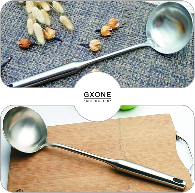 Soup Spoon Ladle,304 Stainless Steel Cooking Spoon Kitchen Tool For Wok With Hollow Handle, Silver/13.9Inch