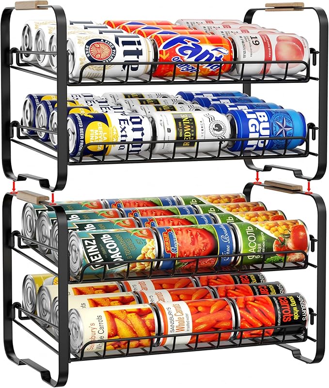 MAXIFFE 2-Tier Can Organizer for Pantry, 16.9"W × 11.5"D × 16.7"H, Stackable Metal Adjustable Hold 40 Cans Rack Storage Holder Dispenser for Soda Drinks Fruits, for Kitchen Countertop, 2 Pack Black