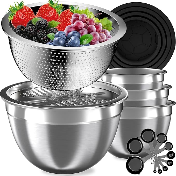 Mixing Bowls with Lids Set, 16PCS Stainless Steel Mixing Bowls,Nesting Storage Bowls for Kitchen with Mixing Bowl, Colander, Strainer & Grater, Metal Salad Bowl for Kitchen Gadgets, Black