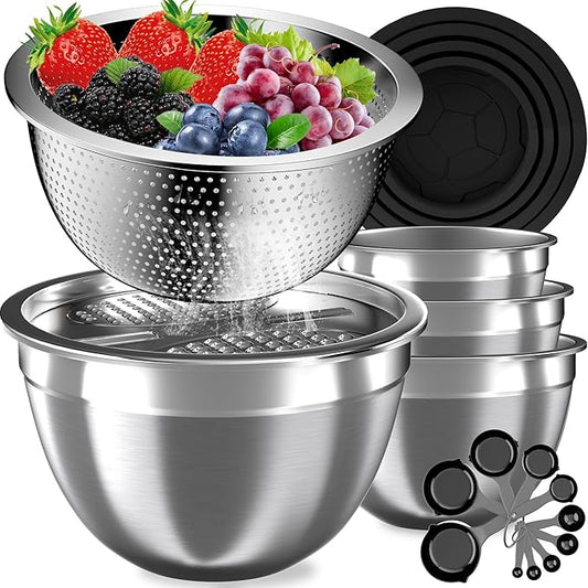 Mixing Bowls with Lids Set, 16PCS Stainless Steel Mixing Bowls,Nesting Storage Bowls for Kitchen with Mixing Bowl, Colander, Strainer & Grater, Metal Salad Bowl for Kitchen Gadgets, Black