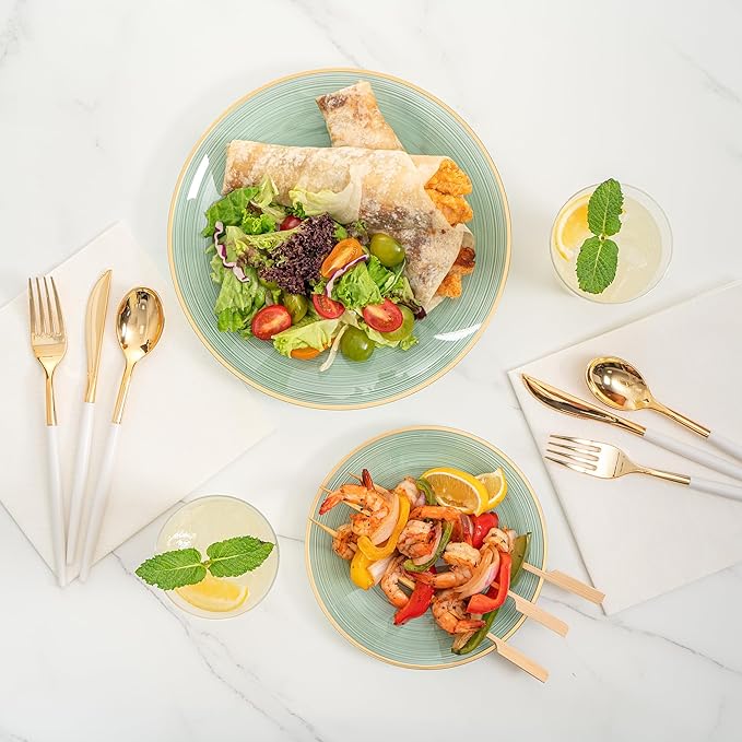 Restaurantware Plastic Plates 40 Pcs 7.13" and 10" Combo Gold Rimmed Plate Set Disposable Heavy-Duty Green Translucent Rippled Plastic Dinner Servers for Party, Weddings, Salads, Desserts