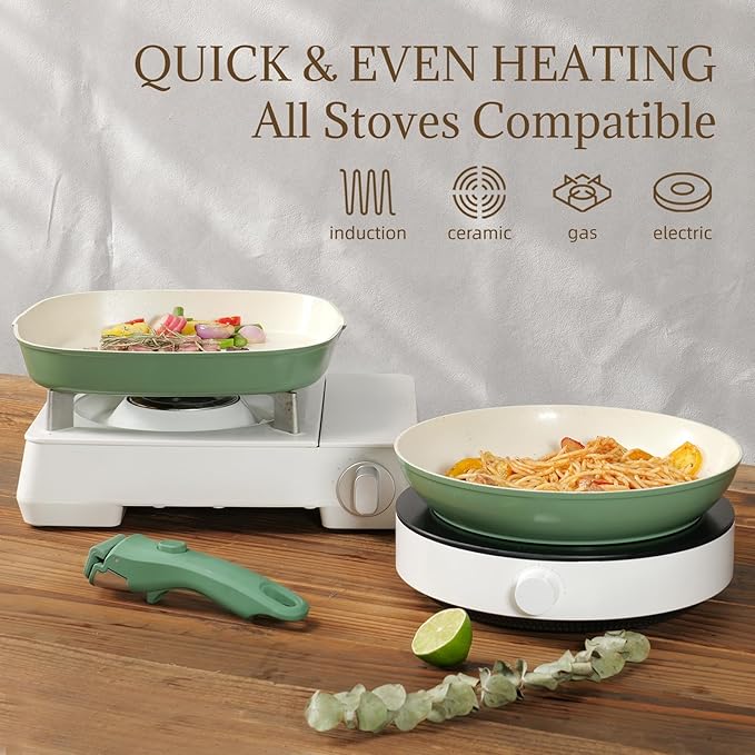 Ceramic Cookware Set 23Pcs Non Stick Pots and Pans Non Toxic with Detachable Handle Induction Kitchen Cookware Set Space Saving, Oven & Dishwasher Safe, Forest Green