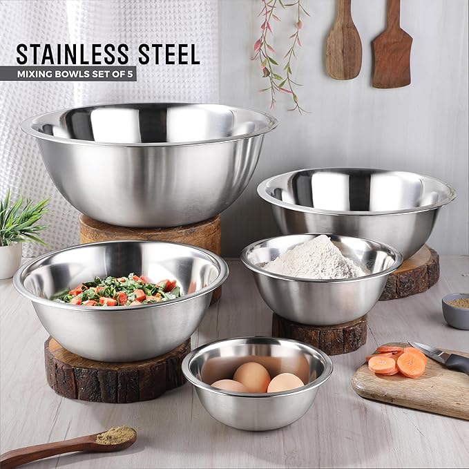 AVADOR Premium Stainless Steel Mixing Bowls, Set of 5 Brushed Stainless Steel Mixing Bowl Set, Easy To Clean, Space Saving, Great for Cooking, Baking, Prepping (5 Pc Mixing Bowl)