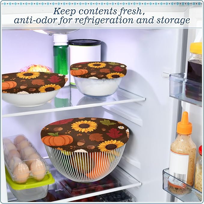 5 Pcs Bowl Covers Reusable in 5 Size Elastic Food Cover Cloth Lids Fresh Keeping Dish Cookware Bakeware Fabric Covers Lids for Food Leftovers Fruits Storage Sunflowers Maple Leaves Pumpkins