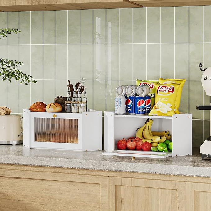 Corner Bamboo Bread Box for Kitchen Counter Large Capacity Rustic Bread Storage Container with Wavy Arcylic Transparent Door Vintage Storage for Homemade Bread (White)