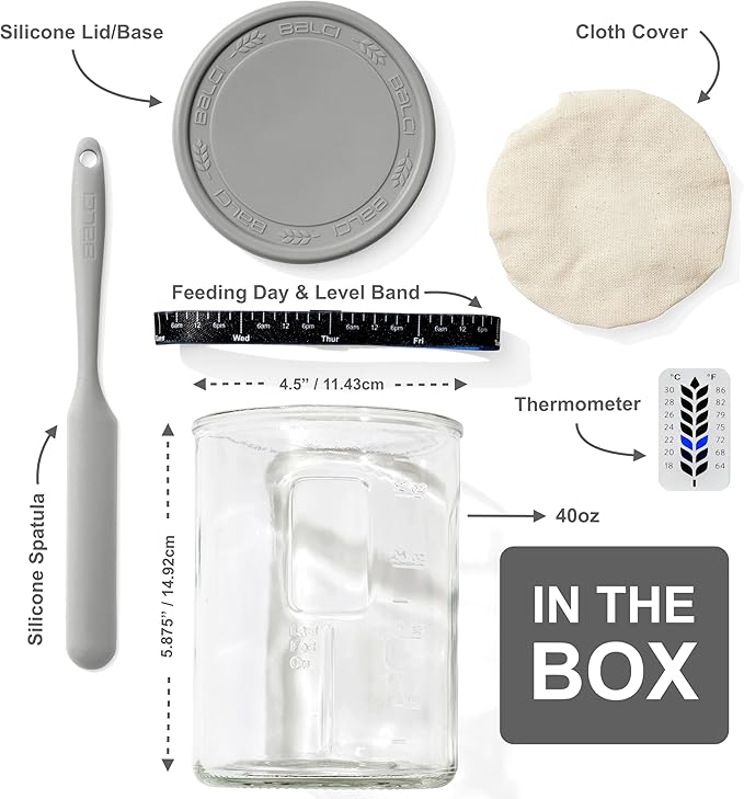 Premium Sourdough Starter Jar - 40oz Large Sourdough Jar with Marked Feeding Band, Thermometer, Scraper, Cloth Cover and Silicone Lid/Base, Wide Mouth Starter Kit - Grey